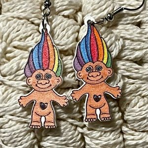 Rainbow hair troll earrings